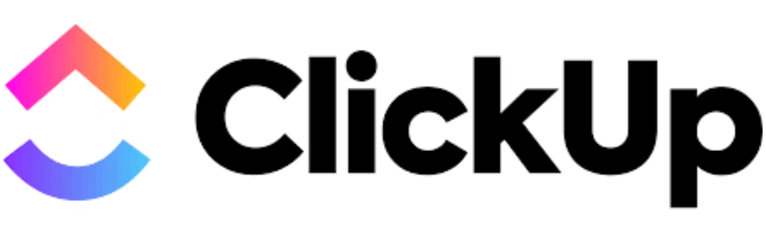 Logo ClickUp menampilkan simbol berbentuk tiga lapisan melengkung yang bergradasi warna, disertai dengan teks nama platform manajemen proyek yang jelas dan modern.